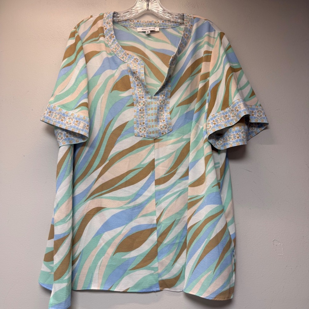 Rose + Olive Tunic Women 2X Blue Green Abstract Wave Short Sleeve Excellent Boho